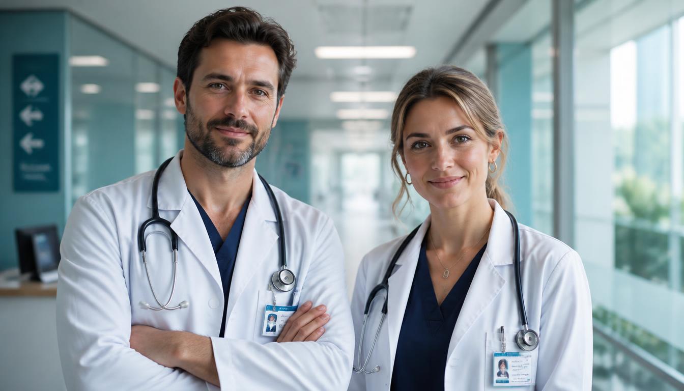 Dois médicos profissionais em ambiente hospitalar moderno